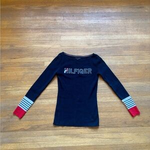 Tommy Hilfiger Women's Navy Long Sleeve Top with Red and White Accents